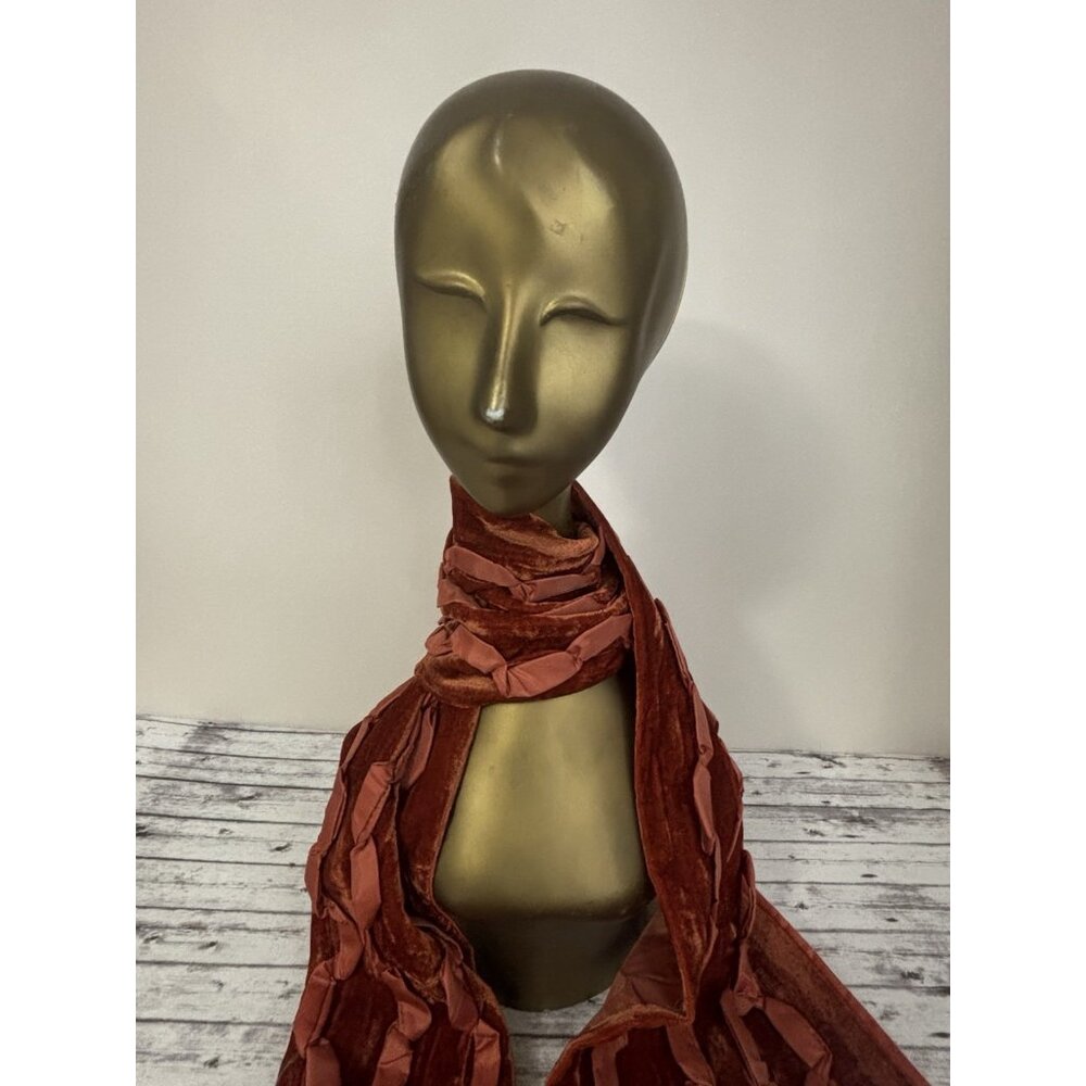 Vintage Y2k Burnt Orange Velvet Scarf Neck Fringe Boho Hippie Festive Holiday - Picture 4 of 10